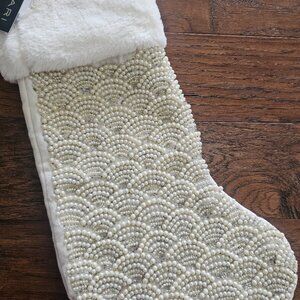 TAHARI Pearl Silver White Fur Fully Beaded Luxury Christmas Stocking 22"